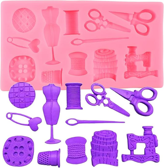 Sewing Tools Silicone Molds Scissors Button Sewing Designer Clothes Fondant Molds Sewing Machine Mold for Cake Decorating Cupcake Topper Chocolate Candy Gum Paste Polymer Clay