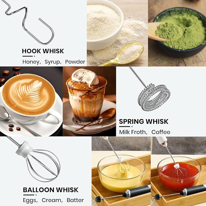 Handheld Electric Milk Frother with 3 Heads, Coffee Whisk Foam Mixer with USB Rechargeable 3 Speeds, Foam Maker Blender for Latte, Cappuccino, Hot Chocolate, Egg (Type 6)