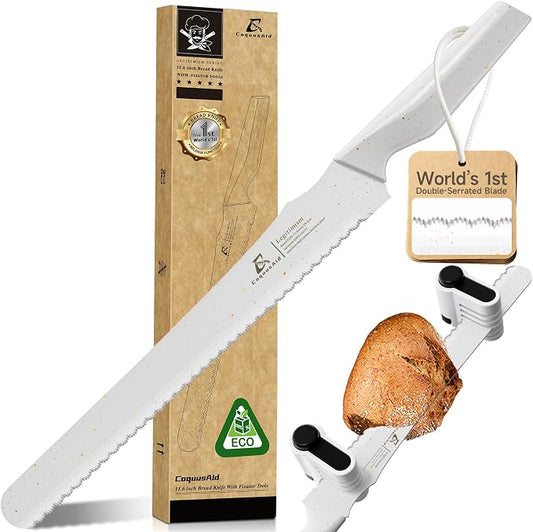 CoquusAid Upgrade Bread Knife for Homemade Bread, World‘s 1st Double Serrated Knife for Crusty Sourdough, 11.6 Inch Stainless Steel Bread Slicer, Professional Sourdough Cutter, Ideal Gift, White