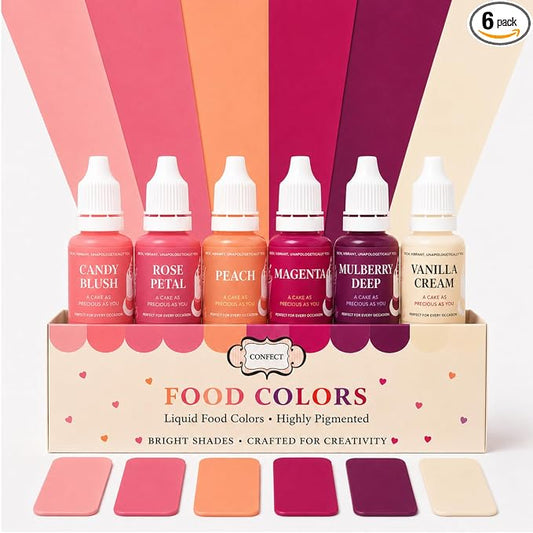 Confect Valentine Water Color Food Coloring Set – Highly Pigmented Oil Based Food Colors for Cakes, Buttercream, Drinks, Popsicles & Baking – 6 Pack × 10mL