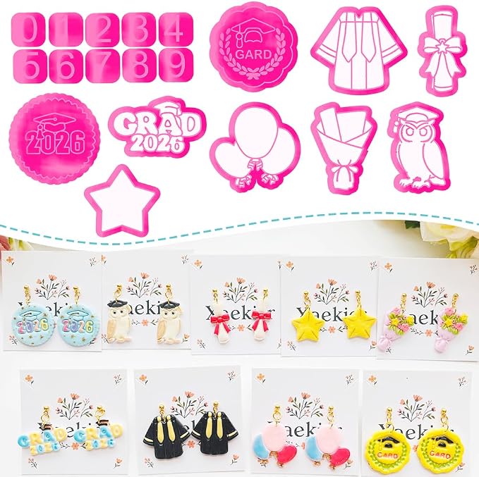 Graduation Polymer Clay Cutters & Stamps Set - 19pcs 0-9 Numbers, GARD/2026 Seals, Owl, Cap, Gown, Balloon for DIY Earring Jewelry, Soft Clay Crafts & Class Party Supplies
