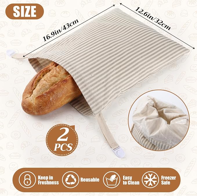 2 Pack Reusable Striped Bread Bags Set with Drawstring Cotton Linen Food Storage Bags for Homemade Bread & Sourdough 17"x 13" Lined Food Bag Cover Keep Loaves Fresh Longer(Grey Stripes)