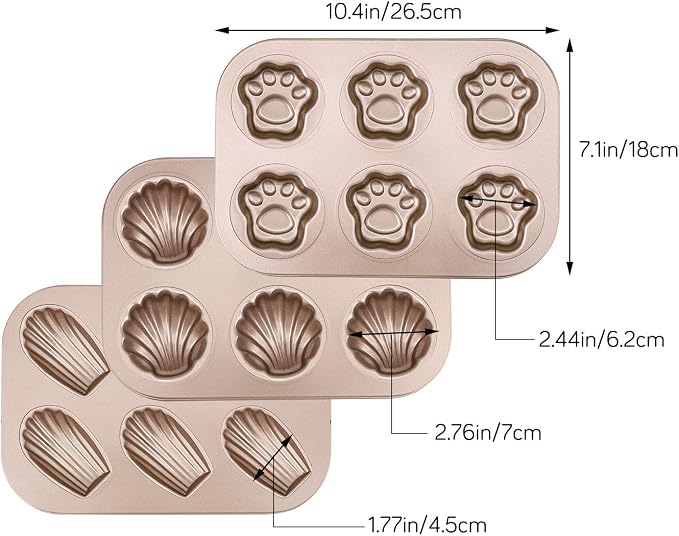 Beasea 3 Pack Madeleine Pans, 10x7 Inch 6 Cavity Nonstick Cat Shaped Cake Cookies Pan Carbon Steel Madeleine Mold Shell Madeline Pan
