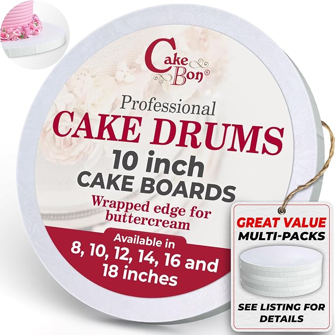 Cakebon Round Cake Boards - Sturdy 1/2 Inch Thick Cake Drums - 10 Inch Professional Base para Pastel Fully Wrapped Edges White 6-Pack