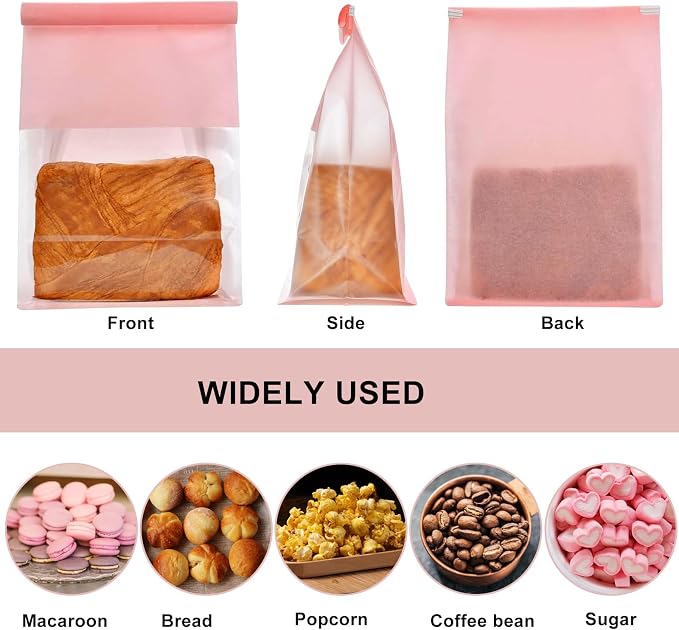 50 PCS Bakery Bags with Window - Reusable Cookie Bags With Seal Stand Upright Cookie Packaging Bag With Tin Tie Tab Lock Kraft Paper Bread Bags For Sourdough Pastry,Donuts,Popcorns, Snack (Pink Large)