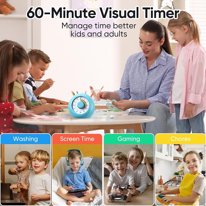 Visual Timer for Kids, 60-Minute Silent Countdown for Classroom, Home, Office, Kitchen, Rainbow Pattern Desk Timer, Time Management Tools with Silent Operation, Pomodoro Timer