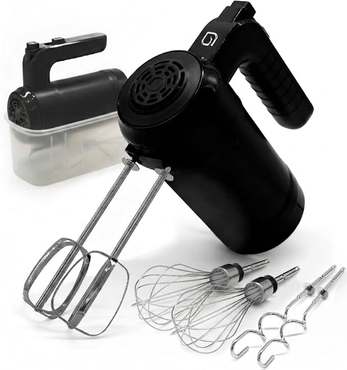 WILLOW Eco Series Electric Hand Mixer, 5 Speed Ultra Powerful Handheld Mixer with Stainless Steel Whisks, Beaters & Dough Hooks + Eject Button, 350W Kitchen Mixer with Snap-On Storage Case - BLACK