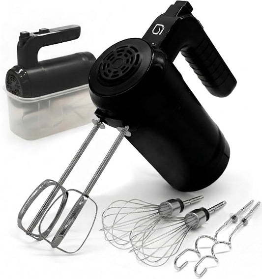 WILLOW Eco Series Electric Hand Mixer, 5 Speed Ultra Powerful Handheld Mixer with Stainless Steel Whisks, Beaters & Dough Hooks + Eject Button, 350W Kitchen Mixer with Snap-On Storage Case - BLACK