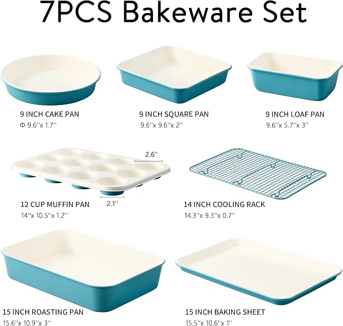 CAROTE 7-Piece Ceramic Baking Pans Set, Aluminized Steel Bakeware Sets, Toxin-Free Nonstick Stackable Oven Pans with Cookie Sheet, Muffin Pan, Loaf Pan, Roasting Pan, Cake Pans, Cooling Rack