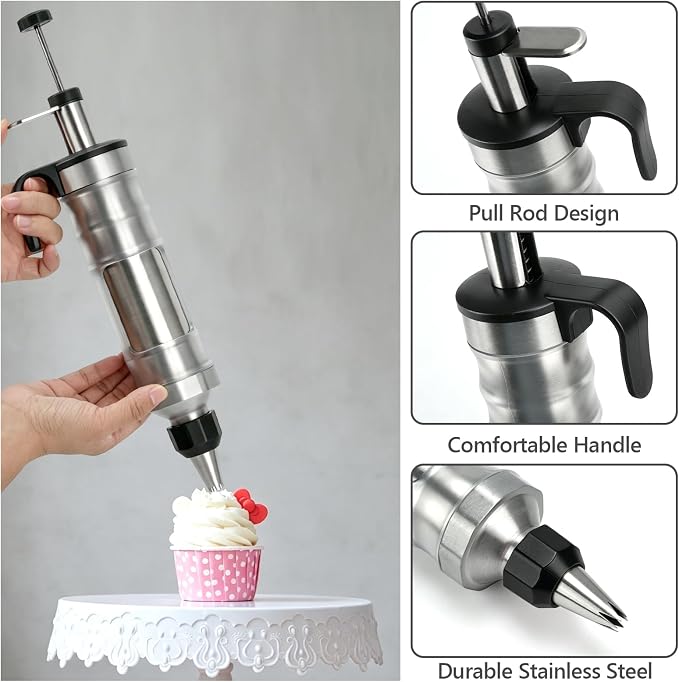 Dessert Decorating Syringe Set, Stainless Steel Frosting Piping Kit with 2 Tip Couplers & 6 Decorating Piping Tips Icing Piping Kit Cupcake Decorating Kit Cake Decorating Tools (Black)