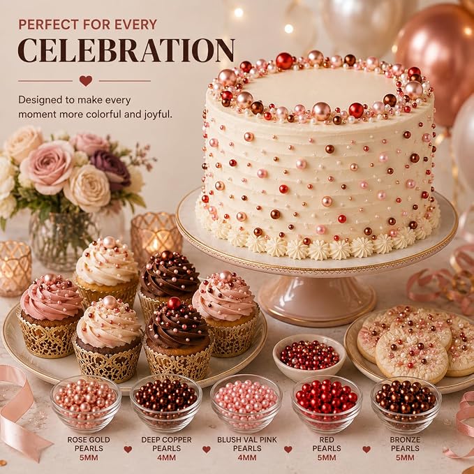 Confect Pearl Sprinkles | Edible Disco Ball Sprinkles for Cakes & Cupcakes Decoration | Pack of 5 Mix Bright Orange, Copper, Pink, Red & Bronze Dragees - Carnival |Vegan, Gluten-Free, Nut-Free, Soy-Free, Dairy-Free, Palm Oil-Free- 5 Oz