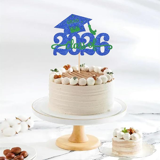 1 Pack Class of 2026 Cake Topper Glitter Congrats Grad Cap 2026 Graduation Cake Pick Decoration for 2026 Graduation Theme High School Graduate Party Cake Decorations Supplies Blue Green