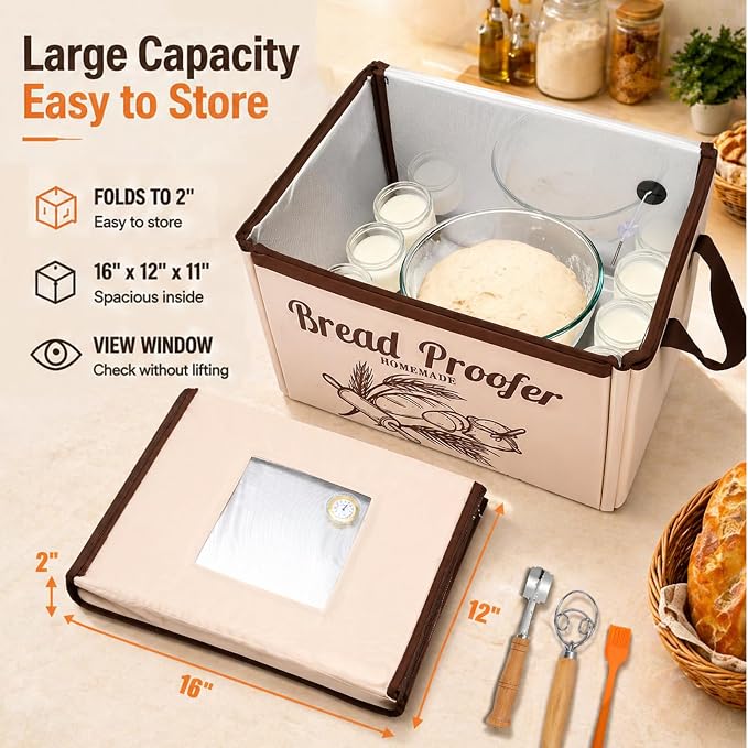 Foldable Bread Proofing Box, Sourdough Proofer Warming Box Yogurt Maker with Lame, Scraper, Metal Rack, Whisk & Silicone Brush | 50–113°F,48H Timer, Home Baking Supplies, Holiday & Housewarming Gifts