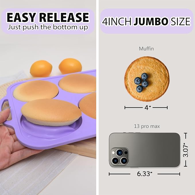 4 Inch Jumbo Silicone Muffin Top Pan with Metal Frame, Non Stick Silicone Egg Mold for Oven, Large Whoopie Pie Baking Pan with Handle for English Breakfast Sandwich, Egg Bite, Bun Tart, Purple