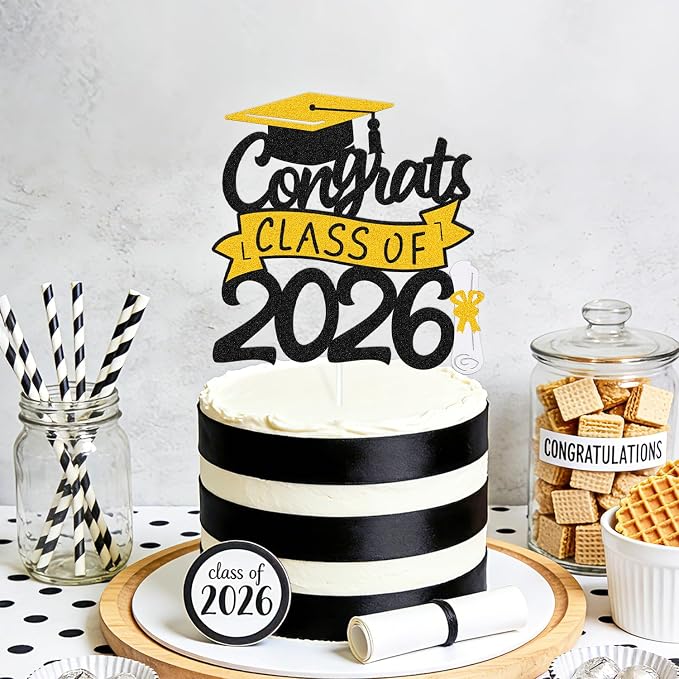 Congrats Class of 2026 Cake Topper Congrats Grad Cap Diploma Theme for High School Happy Graduation Party Supplies College Graduate Decoration (Gold)