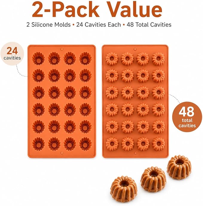 2 Pack Bundt Cake Silicone Mold, 48 Cavity Fluted Ring Baking Pan, Nonstick Buntz Mold for Chocolate, Jelly, Pudding, Ice Cubes, Donuts and Bite Size Cakes