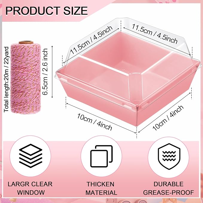 Jetec 300 Pack Charcuterie Boxes with Clear Lids and Rope 4 Inches Cake Disposable Square Dessert Food Box Containers with Lids for Bakery Macaron Cookies Strawberries Fruits Display (Pink)