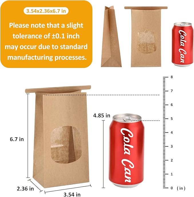 Eupako 3.54x2.36x6.7 Bakery Bags with Window 50 PCS Brown Tin Tie Tab Lock Bags Kraft Paper Bags for Cookies, Coffee, Included 50 PCS Handmade Stickers