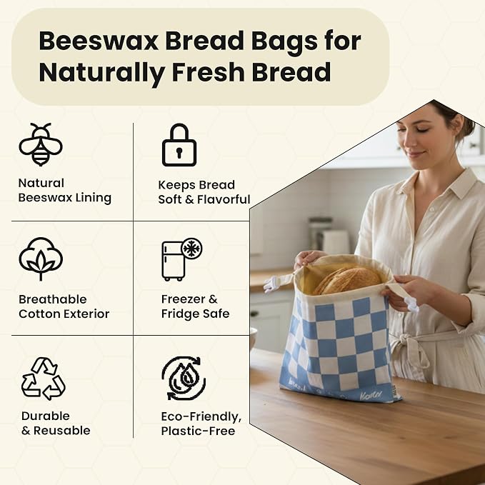 3-Pack Premium Reusable Beeswax Bread Bags (XL, M, S) - Organic Cotton Beeswax Bread Storage Bag for Homemade Bread & Sourdough Freezer-Safe, Breathable & Freshness Support - Eco-Friendly Bread Bag