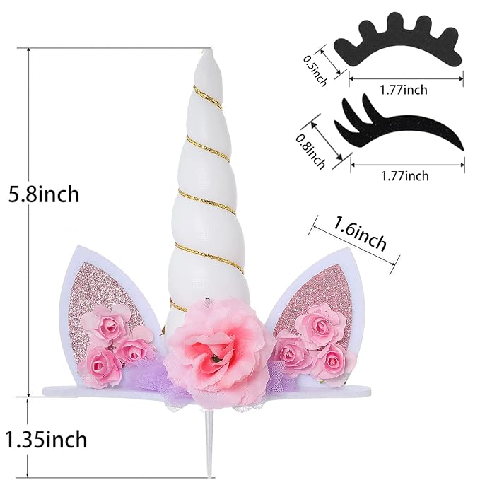 Zkptops Unicorn Cake Topper Birthday Party Supplies Unicorn Birthday Decorations White Horn Cake Topper Accessory with Eyelashes Cute Handmade Reusable Cake Toppers for Girls Kids Women 5.8 Inch