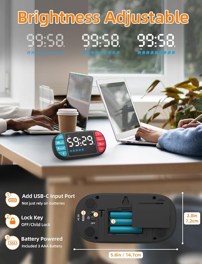 DOOMAY Digital Kitchen Visual Timer: 3.6'' Large LED Display, Magnetic, 3 Brightness, 4 Alarms and Volume, Memory Function, Countdown Count up for Cooking, Classroom, Home Gym, AAA Battery Included