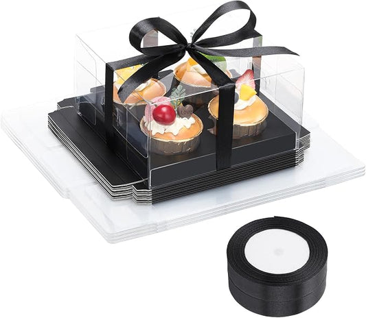 EUSOAR Cupcake Boxes 4 Count, 18 Pack Black Clear Muffins Gift Holders 4 Count with Gift Ribbon, Rectangle Bakery Mini Cake Containers Disposable Cake Carriers for Wedding Party Favor Supplies