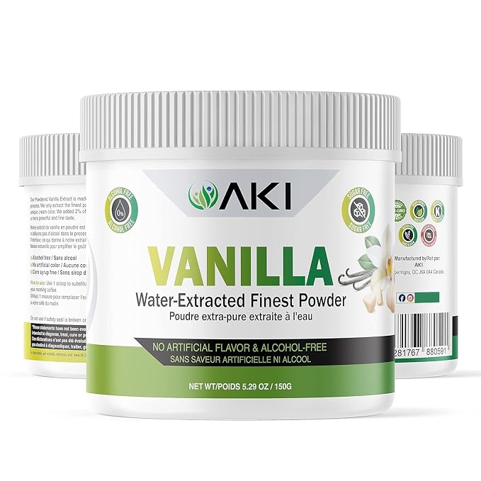 Aki Fine Vanilla Powder Extract From Beans (5.29oz/150g) - Water Extracted Powder Ideal For Baking, Cooking Flavoring - Delicious Vanilla Flavor & Easy to Add in Smoothies & Coffee, Non-GMO & Alcohol-Free