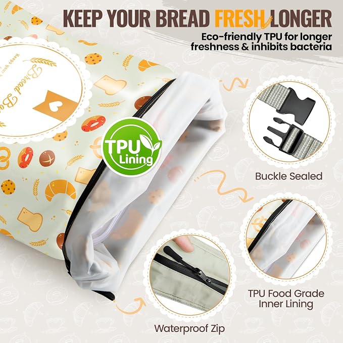 2 Pack Bread Bags for Homemade Sourdough, Reusable Sourdough Storage Bags, Fresh Keeping with Lining & Zipper, Freezer Safe & BPA Free, Zipper Bread Bag to Keep Fresh, gift giving, Yellow & Yellow