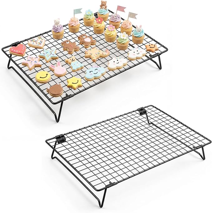 Kifmurase 2PCS Stackable Cooling Rack for Baking, 13.3 x 9.3 Inch Carbon Steel Wire Rack with Folding Legs for Cookie Cake Pizza Jerky, Multi-Use Bread Oven Racks for Cooking Roasting Drying Grilling