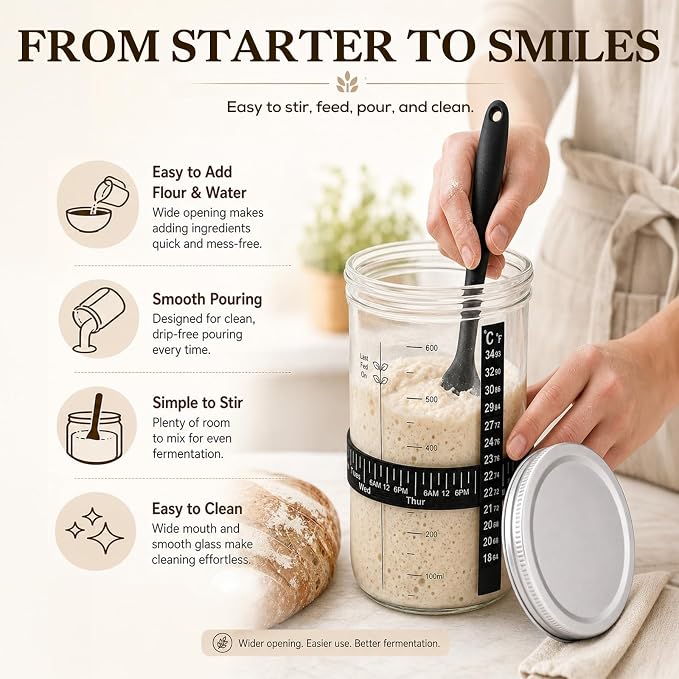 24 oz Sourdough Starter Jar Kit, Glass Sourdough Starter Jar with Date Mark, Thermometer, Scraper, Cloth Cover & Lid, Complete Sourdough Baking Supplies for Beginners & Pros
