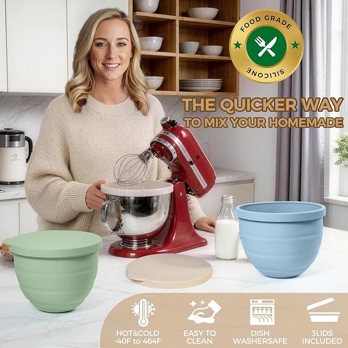 Forenee 5Qt Collapsible Silicone Liners for KitchenAid Tilt-Head Mixers | 3Pack Bowl Insert Aid Set with Lids, No More Mixer Bowls Needed for Easy Baking,Non-Stick Rubber Liner Bowls for KitchenAid