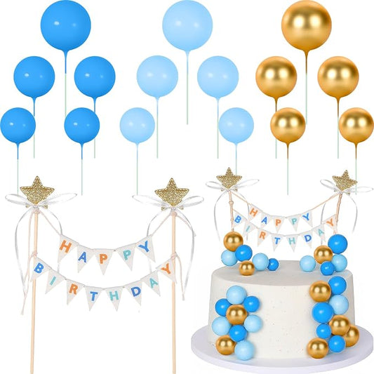 16 Pcs Happy Birthday Cake Topper Cake Bunting Topper Banner with Wood Pole Rainbow Garland with Bow Ribbon Balloon, Mini Cupcake Decor for Birthday Baby Shower (Gold,Light Blue,Dark Blue)