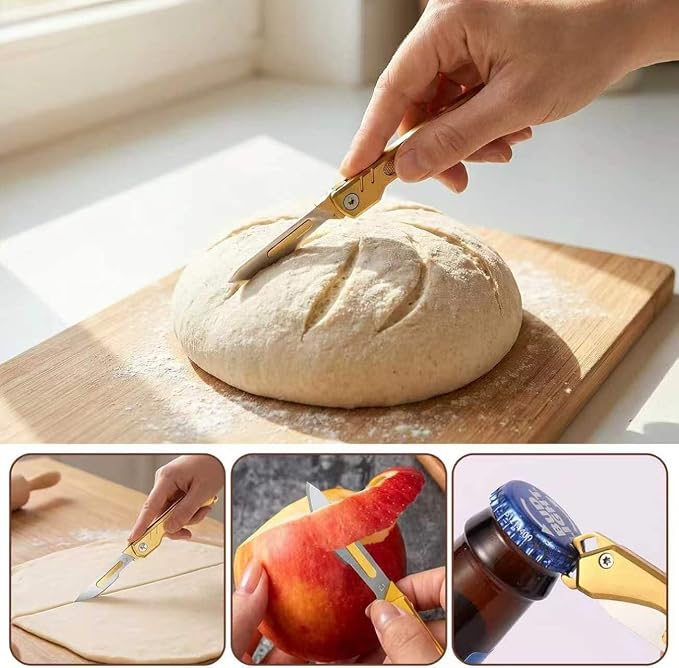 Bread Lame Dough Scoring Tool with 10 Razor Blades, Folding Bread Scorer Knife Equipped with a Sharpener, for Homemade Bread, Sourdough Slashing, Baking Tools Kit-Protective Cover&Portable Keychain