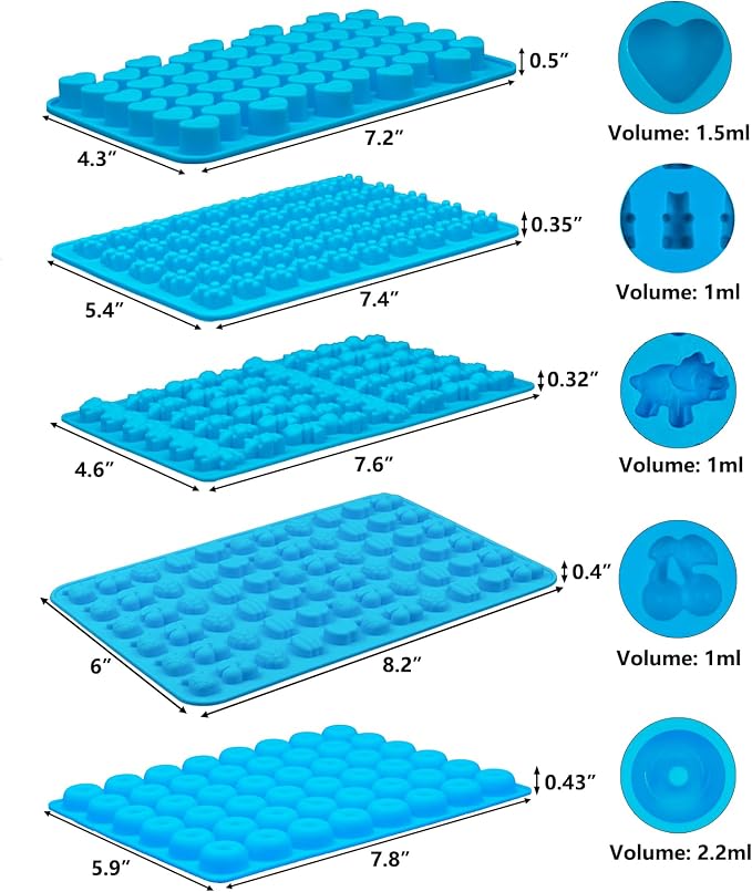 5 PCS Silicone Gummy Molds, Food Grade Non-Stick Candy & Chocolate Mold Fruit Snack Molds BPA-Free with 2 Droppers Including Mini Dinosaur, Bear, Heart, Fruit, and Donut (Blue)