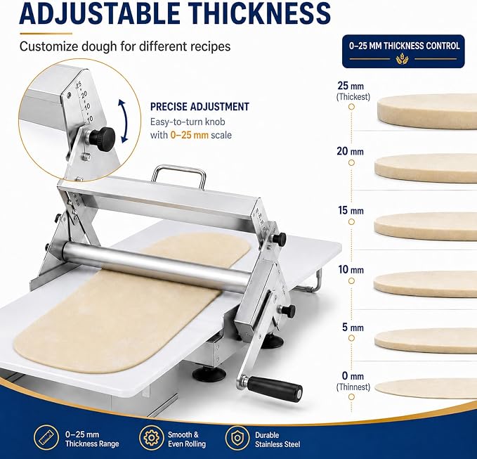 15.75 inch Foldable Manual Dough Sheeter Machine, Adjustable Thickness Stainless Steel Dough Roller 0-25mm, Countertop Pastry Laminator for Croissant, Puff Pastry, Pizza, Pasta & Fondant