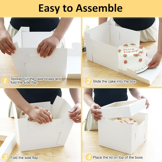 3 Pack Cake Boxes 10 Inch Tall Bakery Carrier with Boards (10x10x8 Inches) | Cost-effective cake boxes with boards which made of thick cardboard, easy to assemble and carry, suitable for birthdays