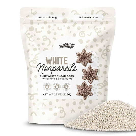 Snackathon Sprinkles for Baking & Decorating, White Nonpareils, 15 oz Resealable Bag, White Sugar Dot Sprinkles for Cakes, Ice Cream, Cupcakes, Cake Pops & Dessert Toppings