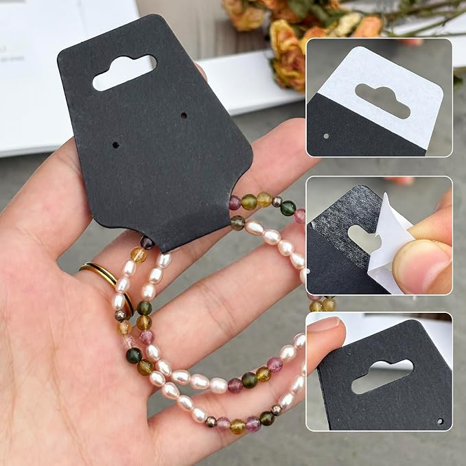200PCS Bracelet Display Cards Necklace Holder Cards Self Adhesive Jewelry Packaging Selling Card for Small Business (Black with two earring holes, 1.8x4.7 inches)