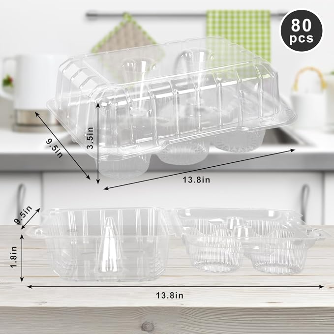 JarThenaAMCS 80 Pack Plastic Cupcake Containers 6-Compartment Clear Boxes Disposable Cupcake Tray Holders 6 Cavity Dessert Carriers with Deep Dome for Muffin Packaging