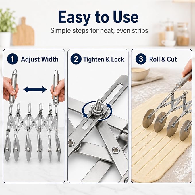 Wheel Adjustable Pasta Cutter with Handle - Stainless Steel Multi-Tool for Baking Pastry, Pizza, Noodles & Pie Crust (7 Roller)