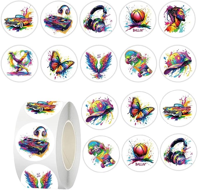 Graffiti Art Stickers Roll,500PCS Hip-hop Round Stickers with Colorful Basketball Music Skateboard Butterfly Designs for Water Bottle Laptop Party Decor