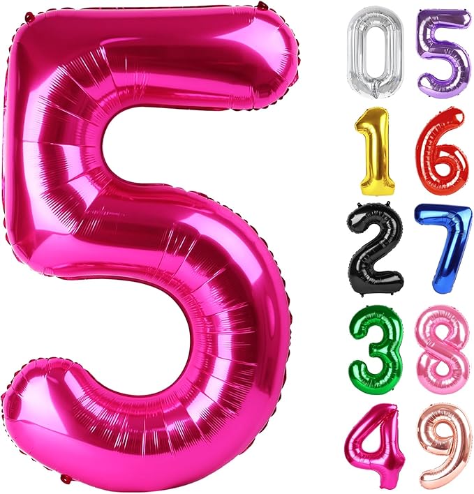 Hot Pink Number 5 Balloon 40 Inch, 5th Birthday Party Decorations for Children, Giant 5 Foil Balloon for Party Supplies