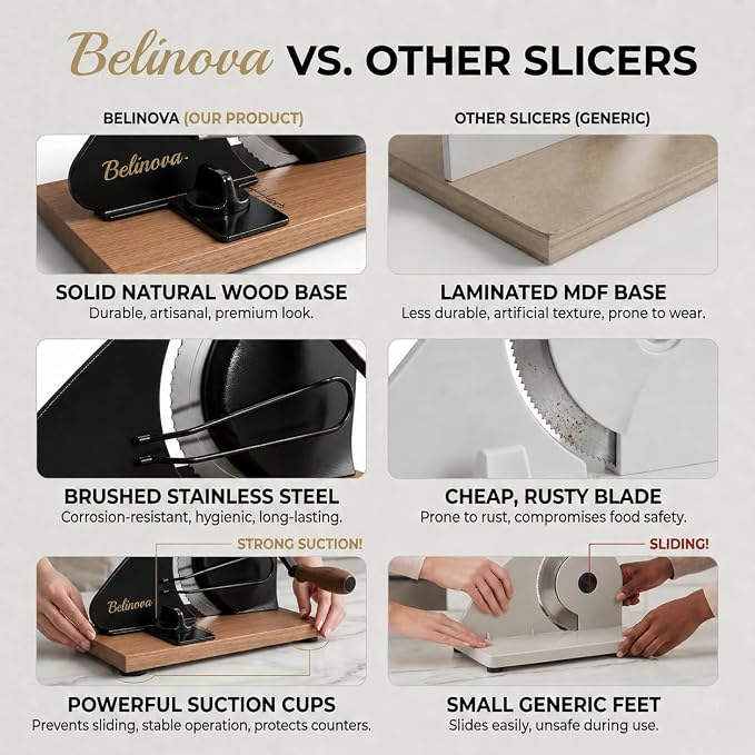 Sourdough Bread Slicer for Homemade Bread, Adjustable Thickness, Hand Crank | Adjustable thickness up to 0.9 in, 430 stainless steel blade, anti-jam guide, solid wood base, suction feet, and hand crank.