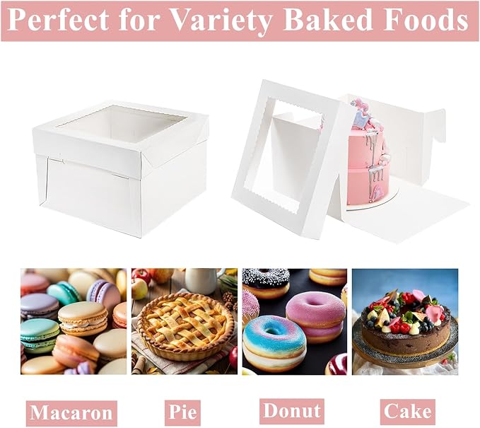 Cididu 20Pcs Cake Boxes 12 Inch, Tall Cake Box with Window and Boards for Multi-Layer Cakes, 350g Thick Cardboard White Bakery Box for Mother's Day Wedding Birthday Cakes Transport Box (12x12x8 Inch)