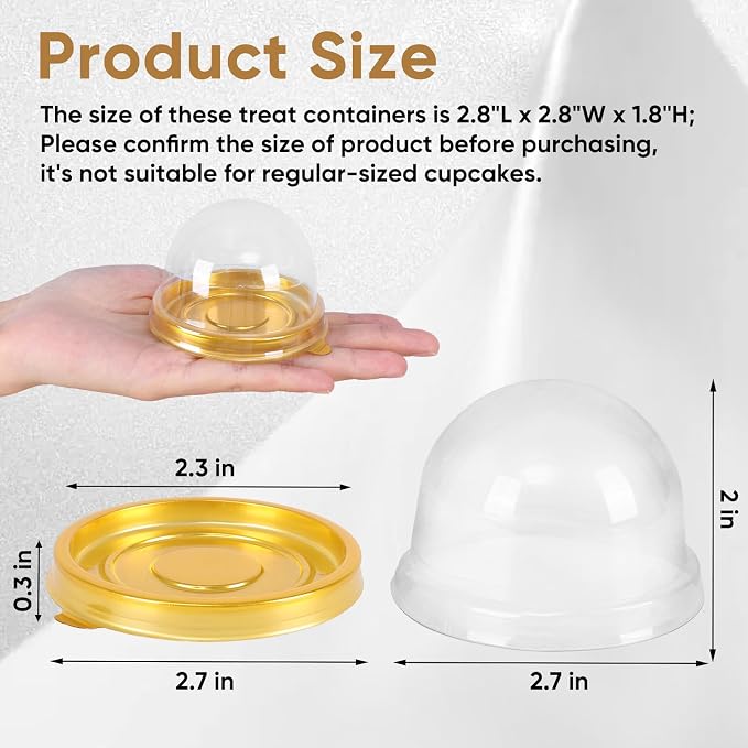 50 Pcs Mini Cake Containers with Clear Dome Lids, Clear Plastic Small Desserts Cupcake Boxes for Individual Chocolate Covered Cookies, Strawberry, Mooncake，Cheesecake, Cocoa Bomb (Gold)