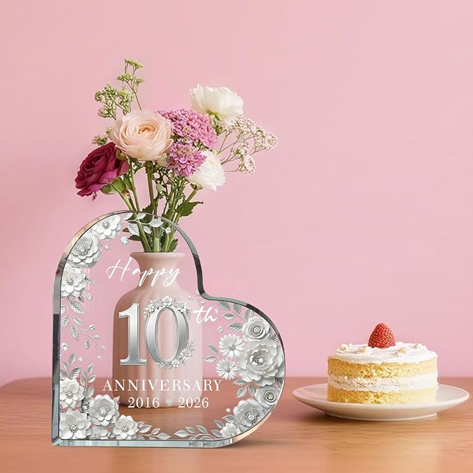 10th Anniversary Cake Topper Acrylic,10 th Anniversary Decorations & Keepsake Gift for Couples（10th Anniversary-Silver Wreath）