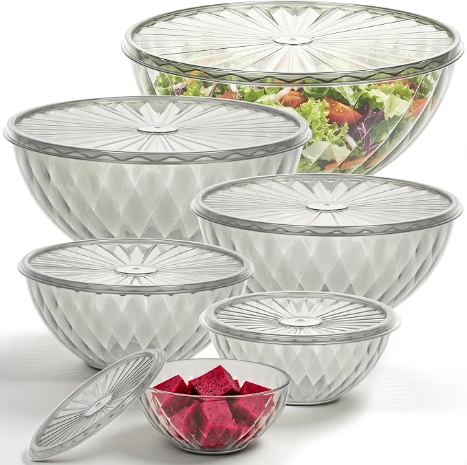 Freshmage Plastic Mixing Bowls with Lids - 6 Piece Nesting Bowls Set with One-Press Easy-Cover Lids, Large Salad Bowl for Baking, Preparing, Serving and Storing, Dishwasher & Microwave Safe