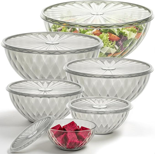 Freshmage Plastic Mixing Bowls with Lids - 6 Piece Nesting Bowls Set with One-Press Easy-Cover Lids, Large Salad Bowl for Baking, Preparing, Serving and Storing, Dishwasher & Microwave Safe