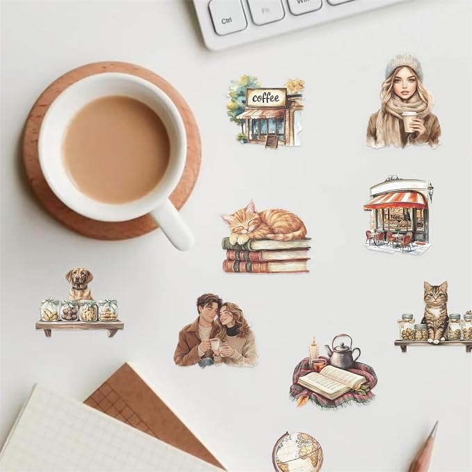 100Pcs Vintage Aesthetic Stickers for Kindle, Coffee&Bakery Aesthetic Self-Adhesive Scrapbooking Stickers Supplies Journal Stuffers for Adult Card Making Letters DIY (Vintage)