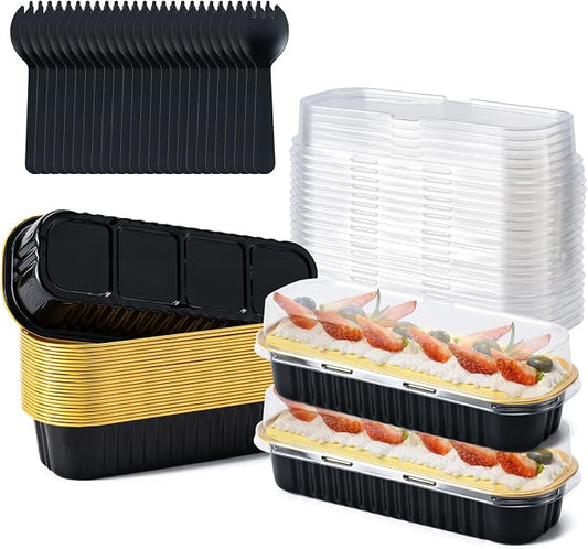 Husfunov 25 Pack Mini Cake Pans with Lids and Spoons, Small Aluminum Foil Loaf Pans, Rectangular Baking Containers for Party and Picnics, 6.8oz (Black/Gold)